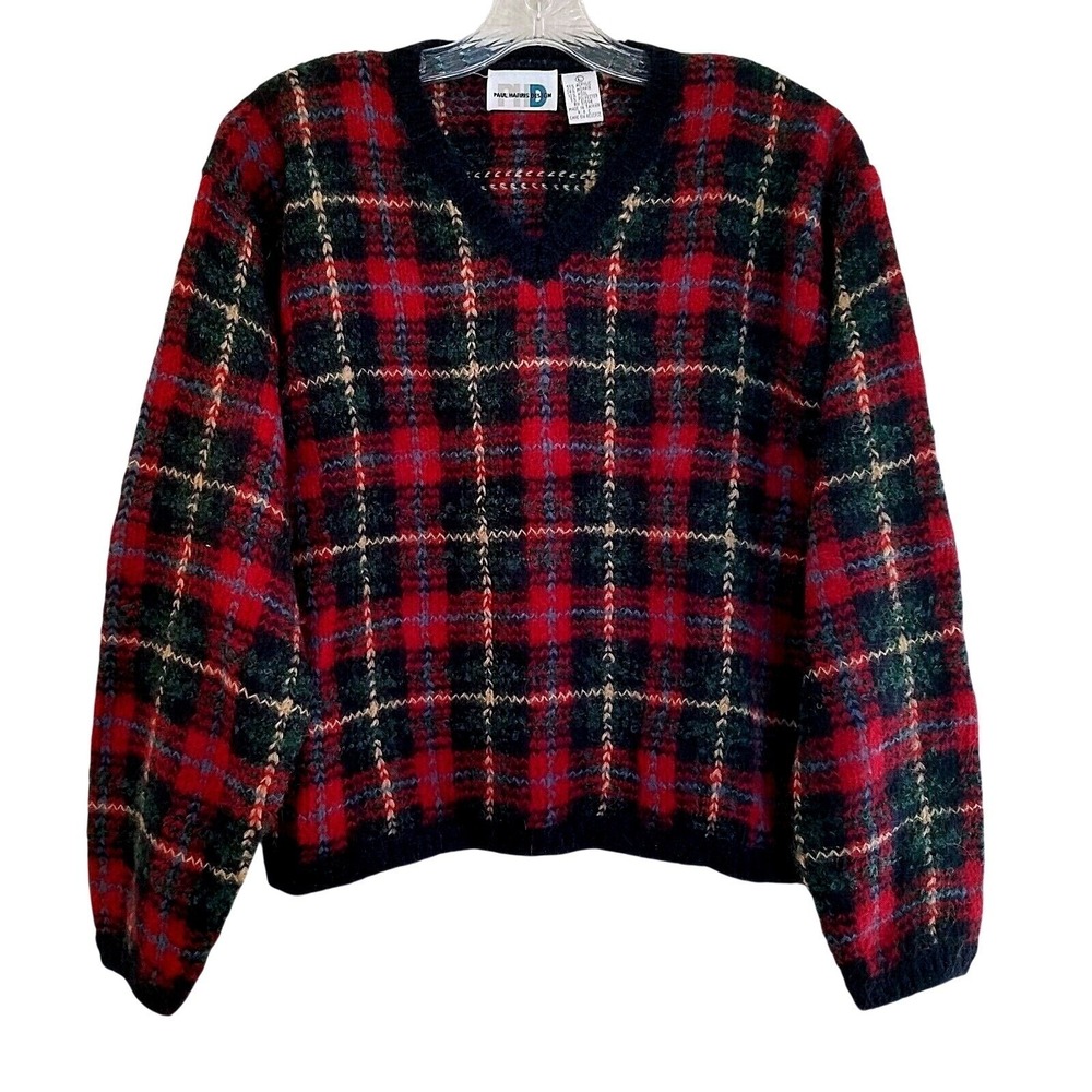Paul Harris Tartan Red Plaid Mohair Blend V-Neck Sweater L Vintage Grunge